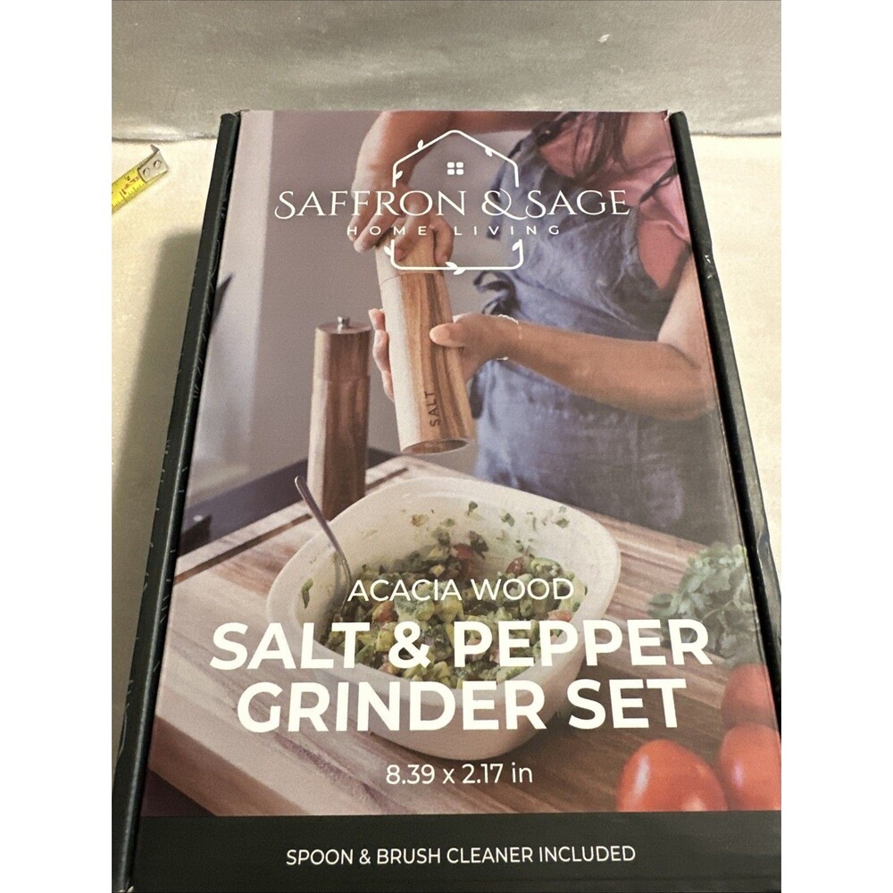 Saffron & Sage Acacia Wood Salt & Pepper Grinder Set, Adjustable Coarse Mill